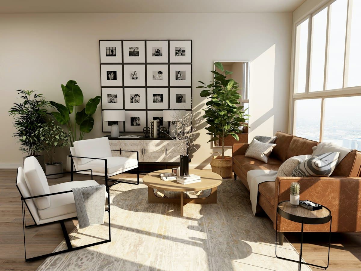 Sunlit coastal New England living room with clean hardwood floors and natural timber accents